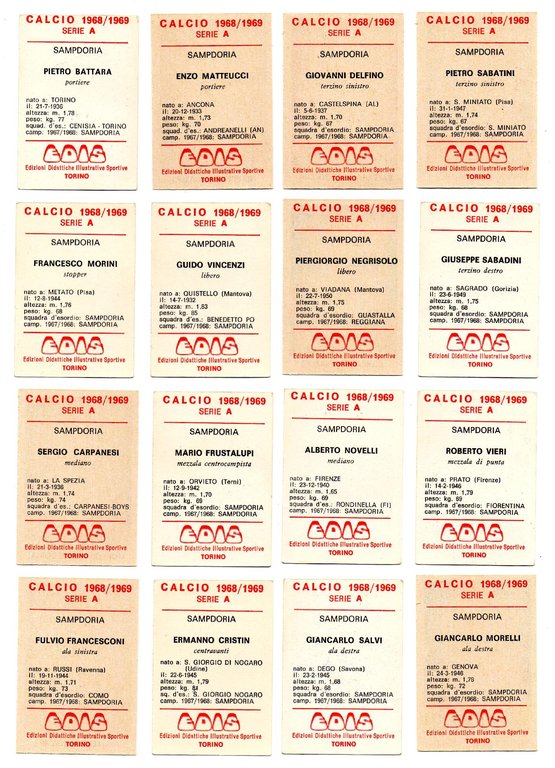 SQUADRA SAMPDORIA - 16 FIGURINE CALCIATORI EDIS, 1968-69 - DA …