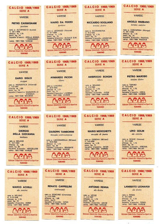 SQUADRA VARESE - 16 FIGURINE CALCIATORI EDIS, 1968-69 - DA …
