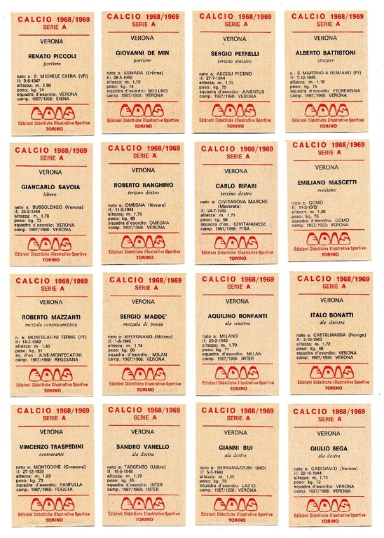 SQUADRA VERONA - 16 FIGURINE CALCIATORI EDIS, 1968-69 - DA …