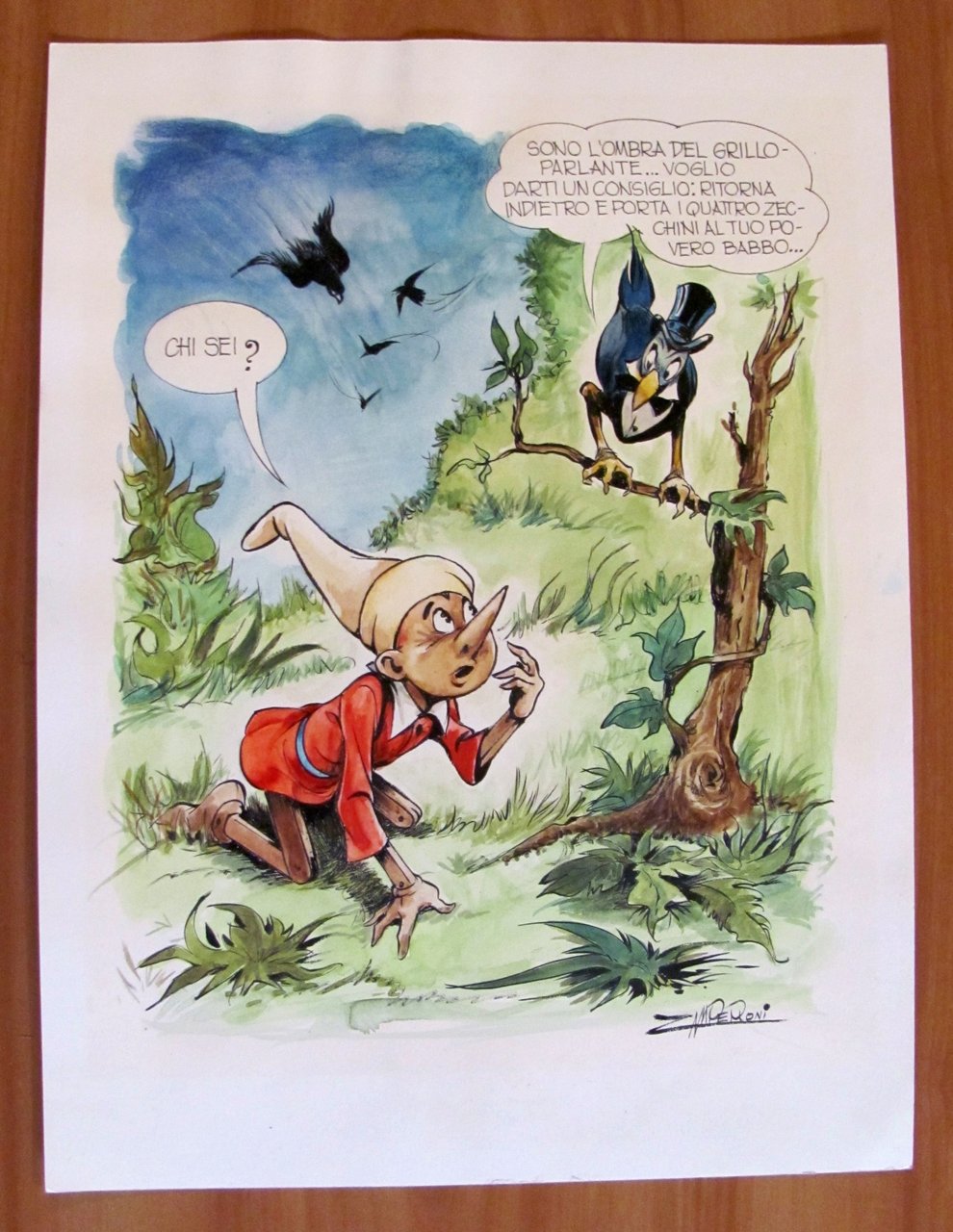 Tavola Originale PINOCCHIO, anni '80 - Firmata ZAMPERONI 30x40