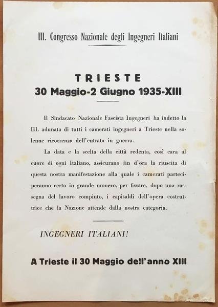 Volantino. Iii Congresso Nazionale Ingegneri Italiani