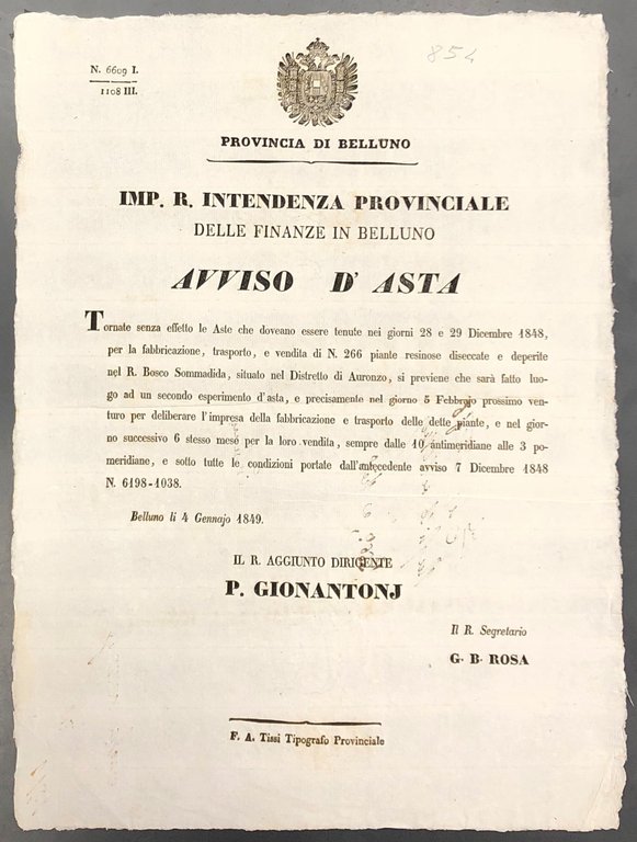 Avviso d'asta. Imp. R. Intendenza provinciale delle Finanze di Belluno. … | Immagine Gallery 2