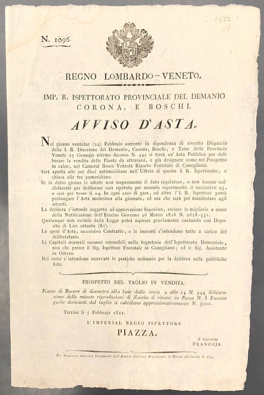 Avviso d'asta. Imp. R. Ispettorato provinciale del Demanio, Corona e … | Immagine Gallery 2