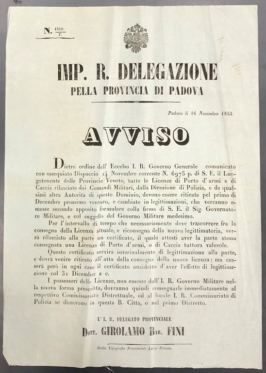 Avviso. Imp. R. Delegazione pella Provincia di Padova. Tutte le … | Immagine Gallery 2