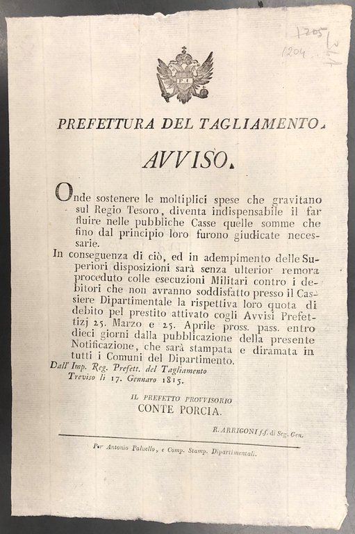 Avviso. Prefettura del Tagliamento. Per sostenere le spese del Regio … | Immagine Gallery 2