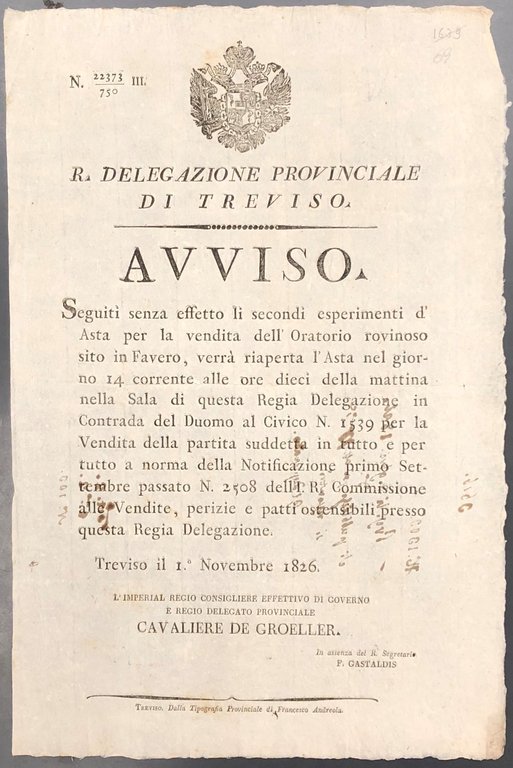 Avviso. R. Delegazione Provinciale di Treviso. Riapertura dell'asta per la … | Immagine Gallery 2