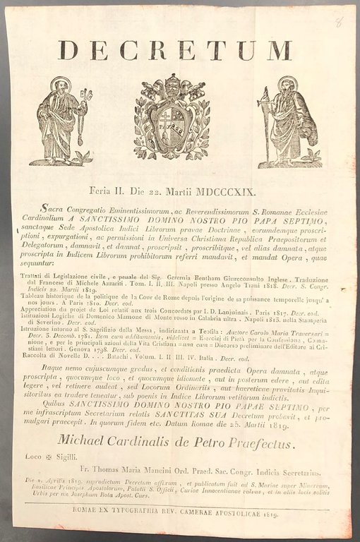 Decretum. Elenco dei libri messi all'indice dalla Chiesa romana presieduta … | Immagine Gallery 2