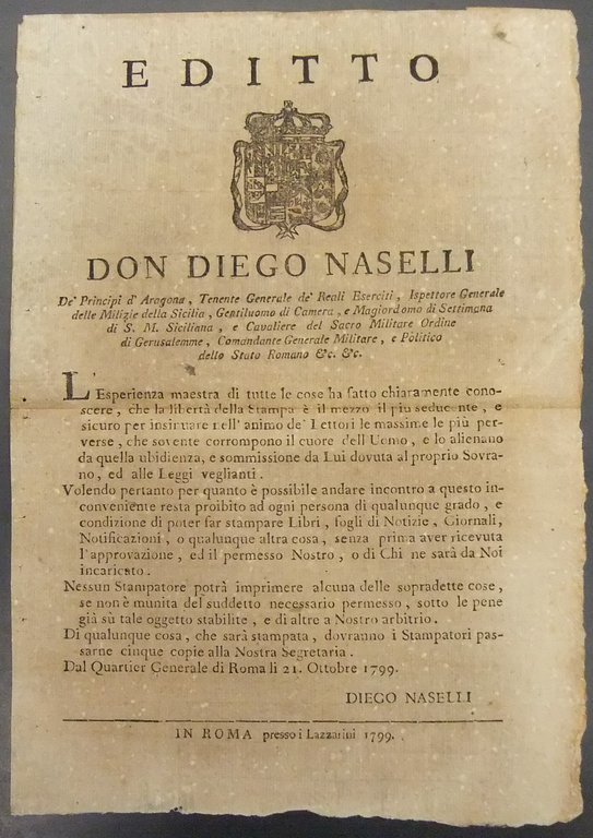 Editto Don Diego Naselli. Divieto di stampare libri, giornali o … | Immagine Gallery 2
