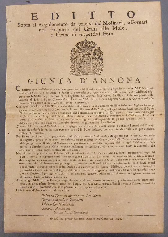 Editto Giunta d'Annona. Sopra il Regolamento da tenersi dai Molinari, … | Immagine Gallery 2