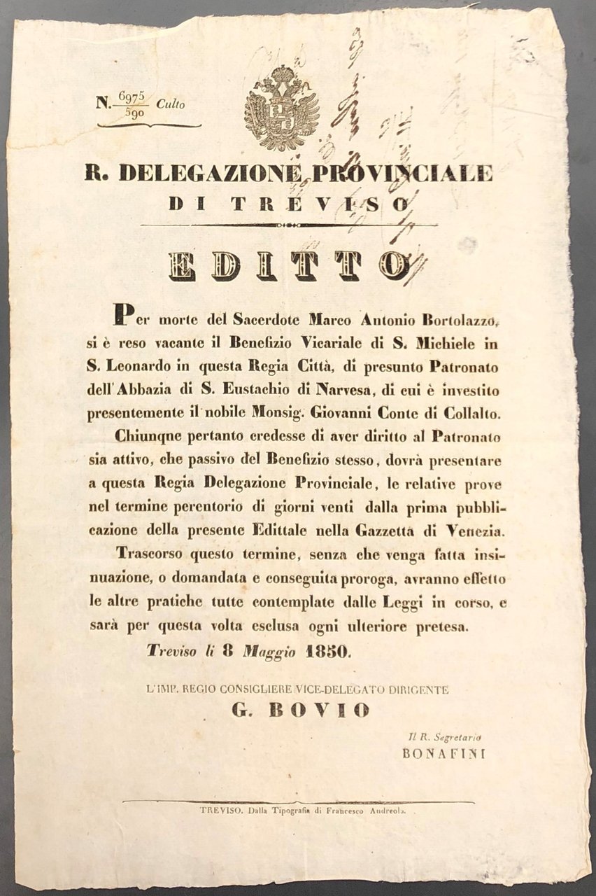 Editto. R. Delegazione Provinciale di Treviso. A seguito della morte … | Immagine principale