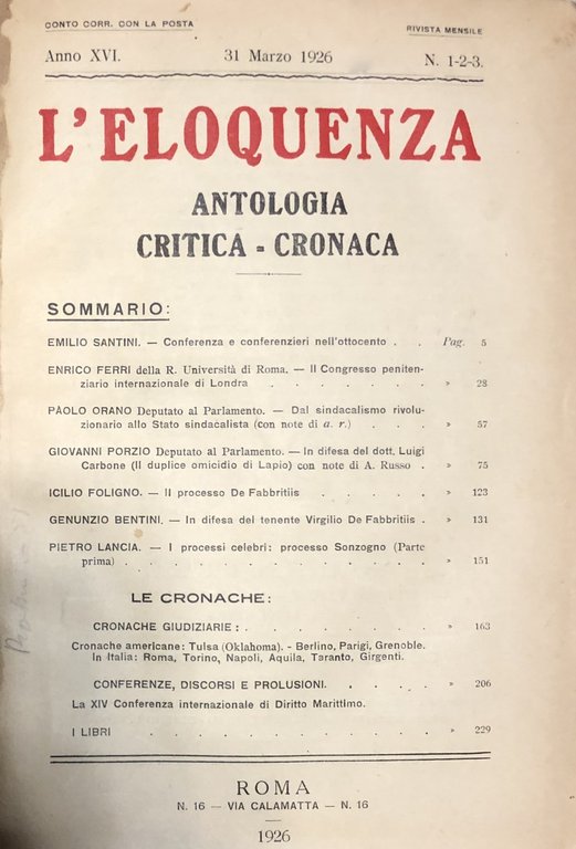 L'eloquenza. Antologia, critica, cronaca. Anno XVI - 1926 | Immagine Gallery 2