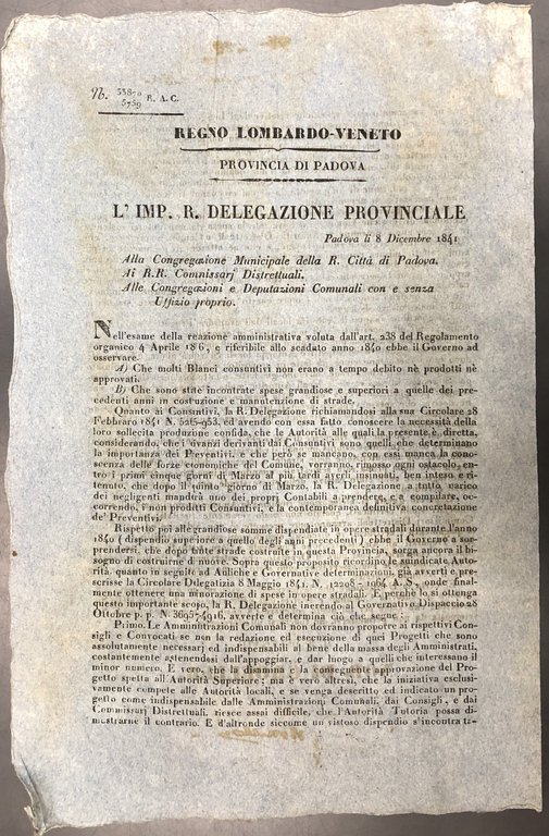L'Imp. R. Delegazione Provinciale. Regno Lombardo-Veneto. Provincia di Padova. Richiesta … | Immagine Gallery 2