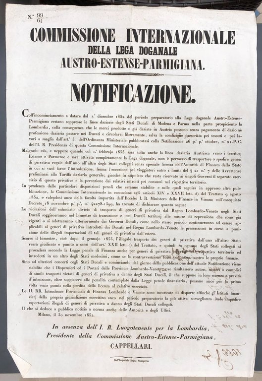 Notificazione. Commissione Internazionale della Lega Doganale Austro-Estense-Parmigiana. Divieto di trasporto … | Immagine Gallery 2