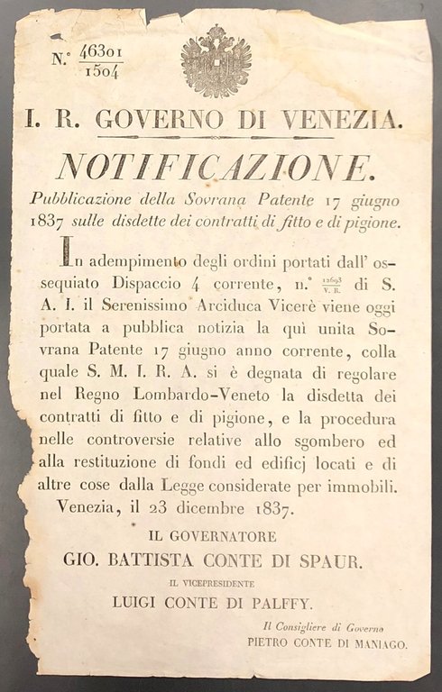 Notificazione. I. R. Governo di Venezia. Cessazione dei contratti di … | Immagine Gallery 2