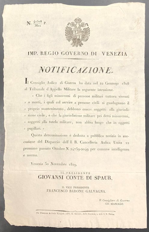 Notificazione. Imp. Regio Governo di Venezia. I figli minorenni di … | Immagine Gallery 2