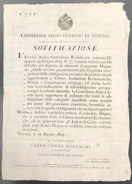 Notificazione. Imperiale Regio Governo di Venezia. Dispaccio per evitare le … | Immagine Gallery 2