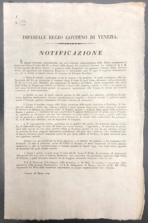 Notificazione. Imperiale Regio Governo di Venezia. Il Vicerè in accordo … | Immagine Gallery 2