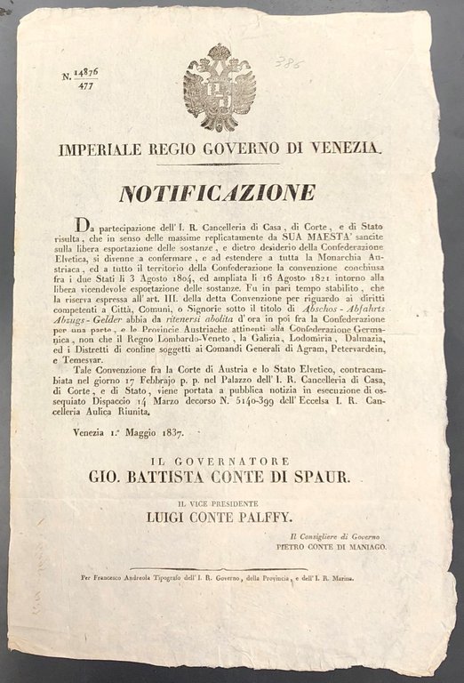 Notificazione. Imperiale Regio Governo di Venezia. La convenzione sui diritti … | Immagine Gallery 2