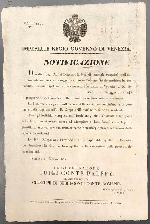 Notificazione. Imperiale Regio Governo di Venezia. La leva obbligatoria in … | Immagine Gallery 2