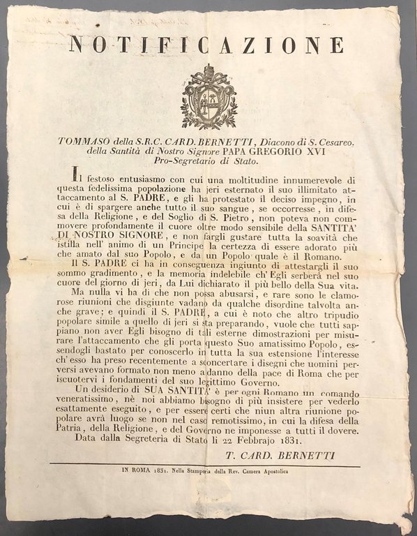 Notificazione. Papa Gregorio XVI pur apprezzando l'affetto manifestato dai fedeli, … | Immagine Gallery 2