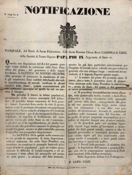 Notificazione. Papa Pio IX in vista della mancanza di grano … | Immagine Gallery 2