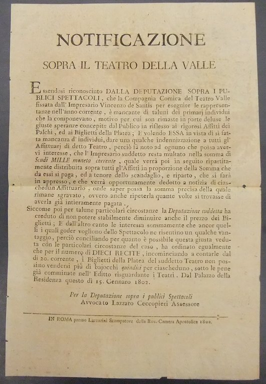 Notificazione. Sopra il Teatro della Valle. Multa all'impresario per la … | Immagine Gallery 2
