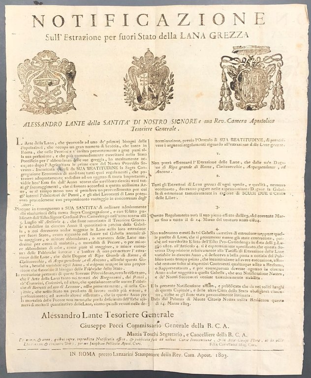 Notificazione. Sull'estrazione per fuori Stato della Lana Grezza. L'estrazione della … | Immagine Gallery 2