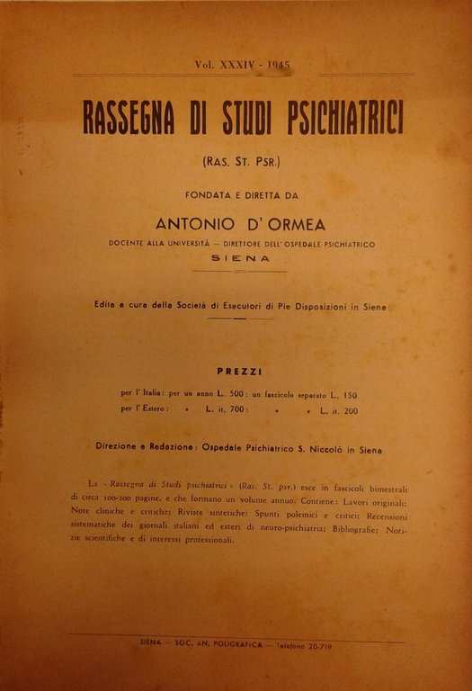 Rassegna di studi psichiatrici. Diretta da Antonio D'Ormea. Vol. XXXIV … | Immagine Gallery 2