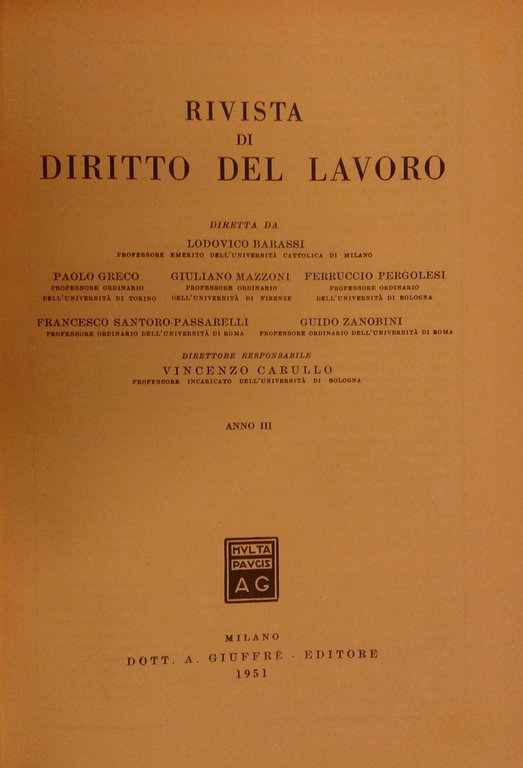 Rivista di diritto del lavoro. Anno III - 1951 | Immagine Gallery 2