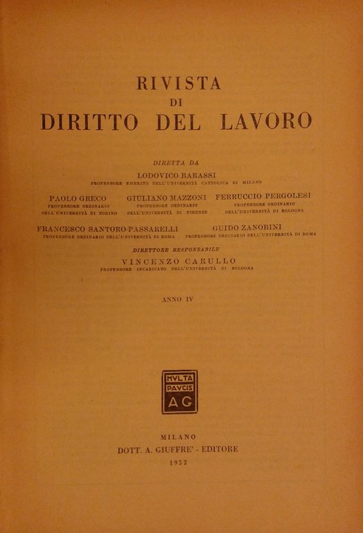 Rivista di diritto del lavoro. Anno IV - 1952 | Immagine Gallery 2