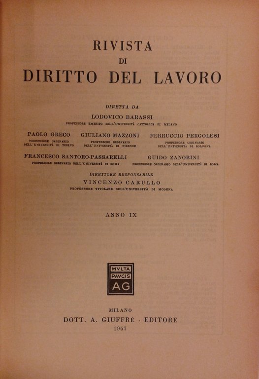 Rivista di diritto del lavoro. Anno IX - 1957 | Immagine Gallery 2