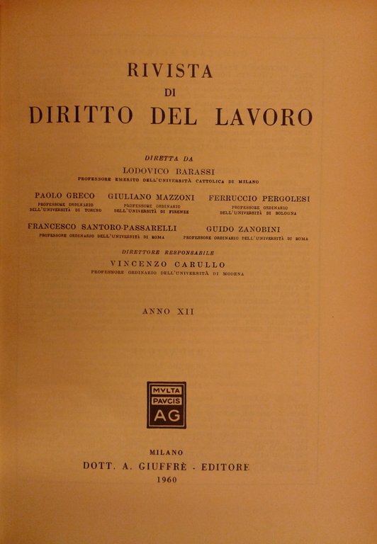 Rivista di diritto del lavoro. Anno XII - 1960 | Immagine Gallery 2