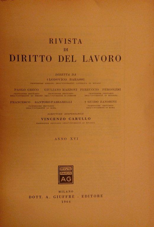 Rivista di diritto del lavoro. Anno XVI - 1964 | Immagine Gallery 2
