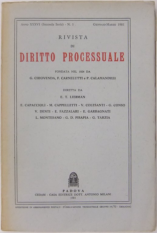 Rivista di Diritto Processuale. Annata 1981. Diretta da: Francesco Carnelutti, … | Immagine Gallery 2