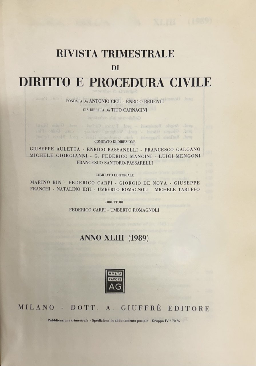 Rivista trimestrale di diritto e procedura civile. Fondata da: A. … | Immagine principale