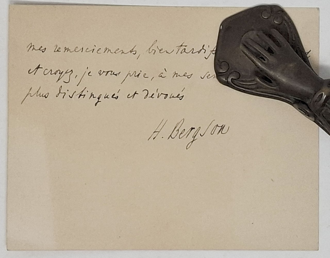 biglietto manoscritto con autografo originale di Henri Bergson