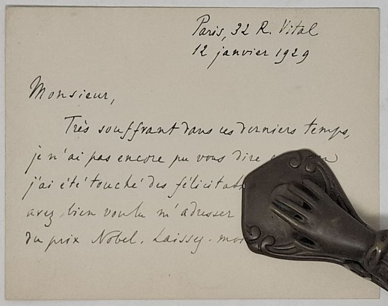 biglietto manoscritto con autografo originale di Henri Bergson