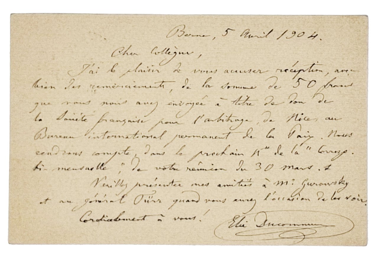 carta postale manoscritta con autografo originale di Elie Ducommun