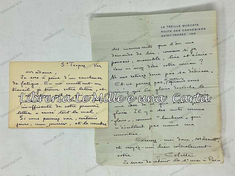 FOTOGRAFIA, LETTERE MANOSCRITTE con AUTOGRAFI ORIGINALI di COLETTE (Sindonie-Gabrielle)