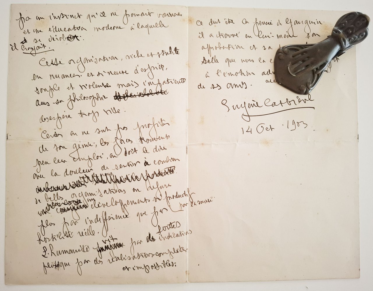lettera manoscritta con autografo originale di Eugene Carriere