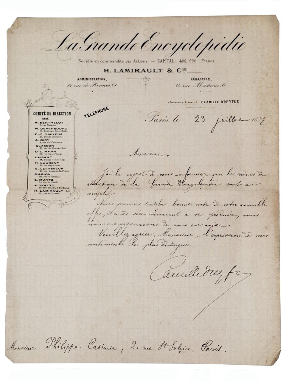 lettera manoscritta con autografo originale di Ferdinand Camille Dreyfus