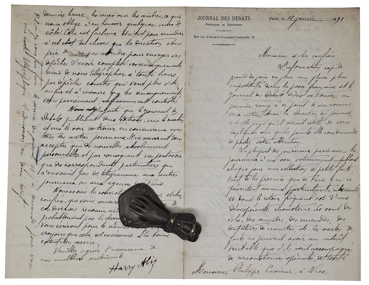 lettera manoscritta con autografo originale di Harry Alis [ Jules-Hippolyte … | Immagine principale