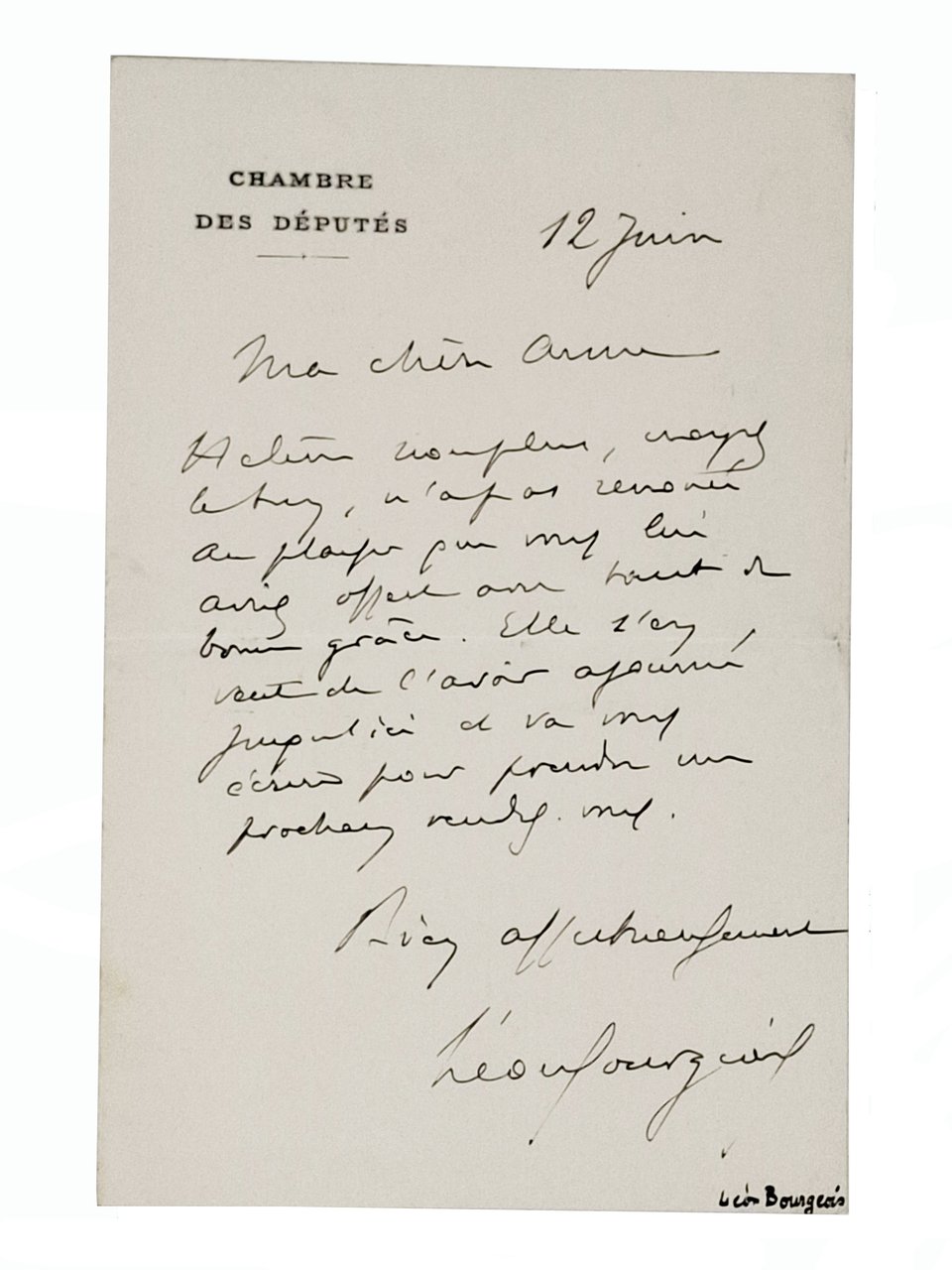 lettera manoscritta con autografo originale di Leon Bourgeois