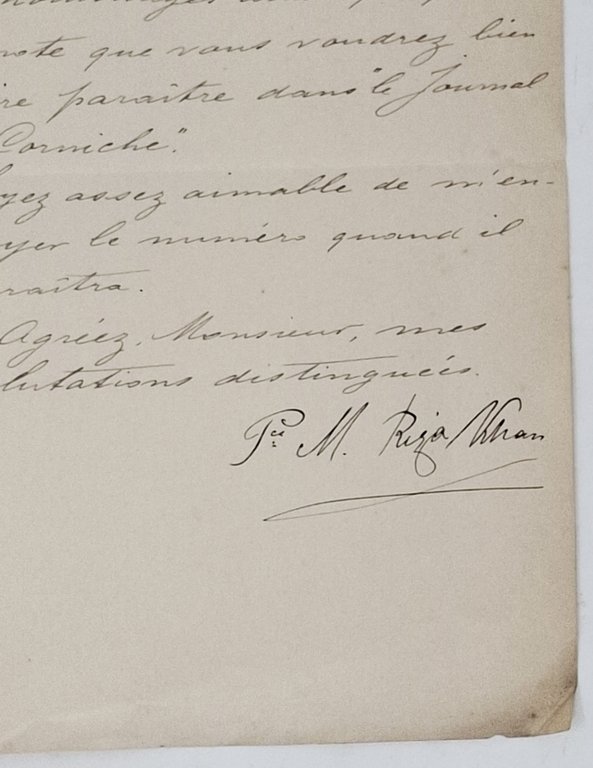lettera manoscritta con autografo originale di Mirza Riza Khan