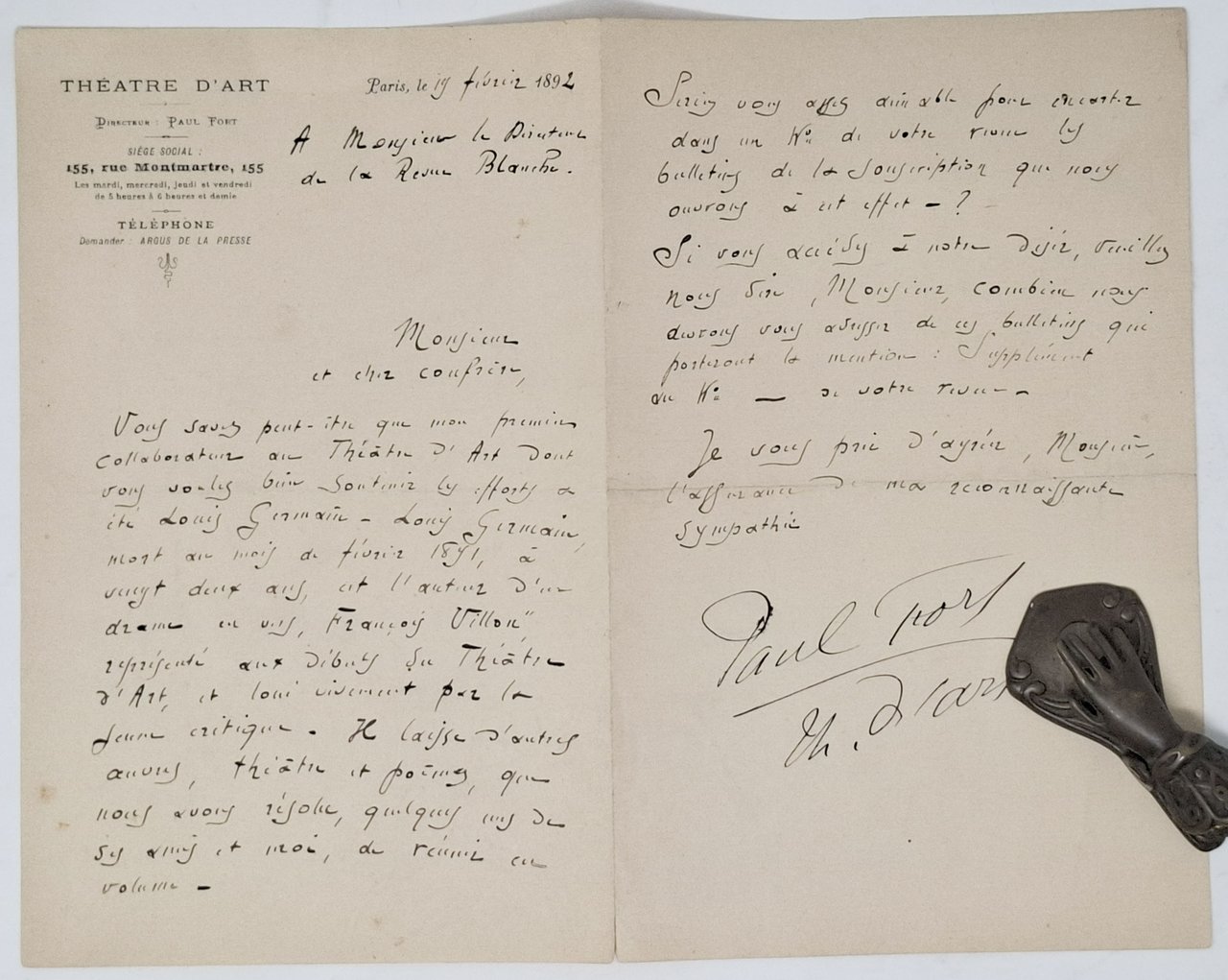 lettera manoscritta con autografo originale di Paul Fort
