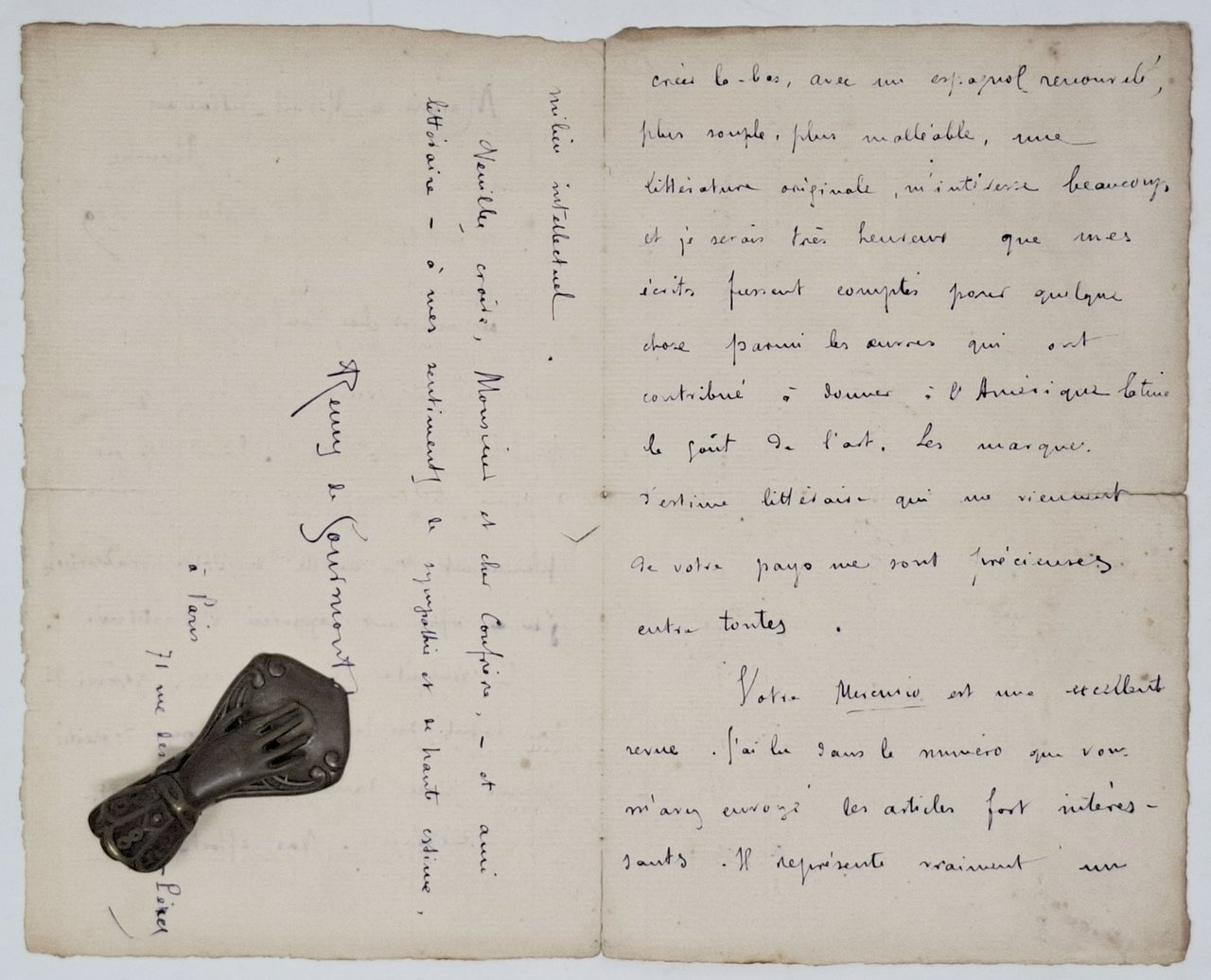 lettera manoscritta con autografo originale di Remy De Gourmont