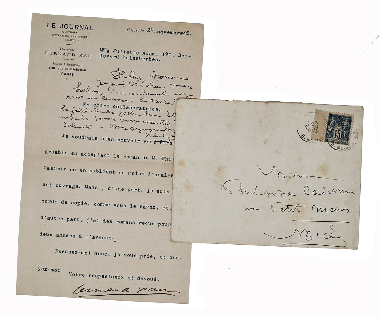 lettera originale con autografi di Juliette Adam e di Fernand … | Immagine principale
