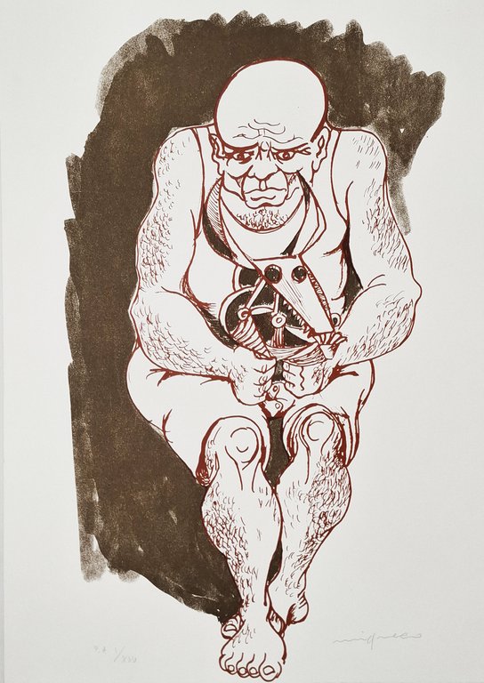 LITOGRAFIA A COLORI uomo seduto