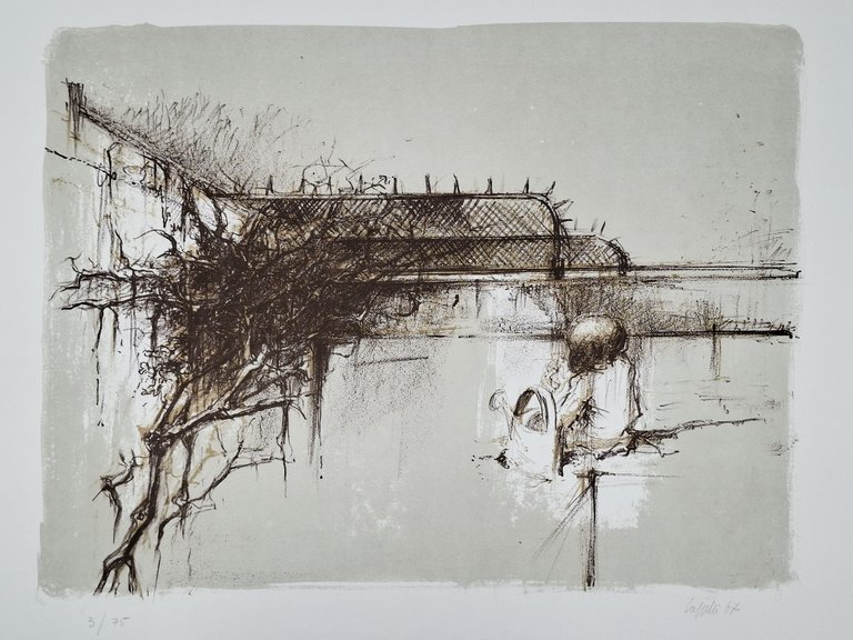 Litografia senza titolo numerata e firmata - bambina con innaffiatoio …