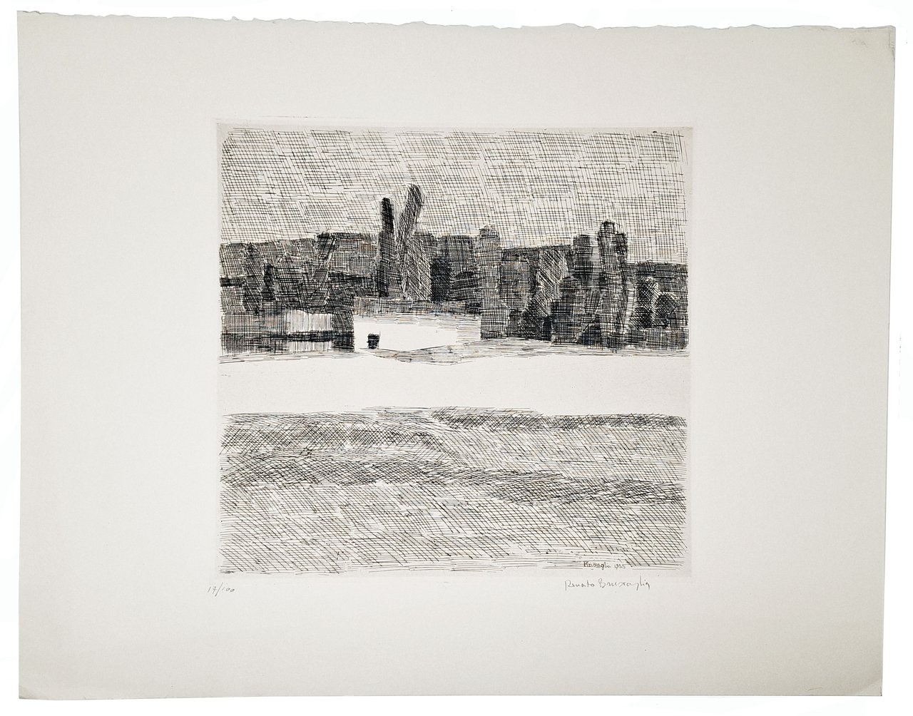 Litografia senza titolo (paesaggio agreste con casolare) firmata e numerata